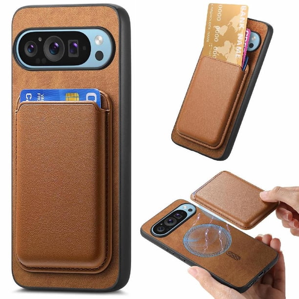 Funda de Cuero Magnética con Tarjetero para Google Pixel 9 Cubierta Delgada Marrón