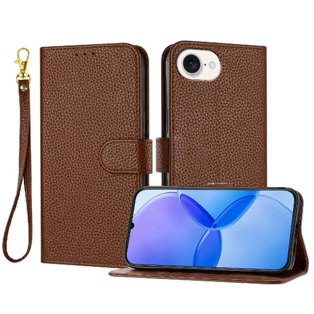 Funda Cartera para iPhone 16E Tarjetero Soporte Magnético y Correa Marrón
