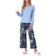 thumbnail image 1 of INSPIRE CHIC Conjunto de Pijama de Manga Larga para Mujer, Conjunto de Descanso Suave y Elástico con Parte Superior Sólida y Pantalones Capri Florales para el Hogar S Azul Profundo, 1 of 6