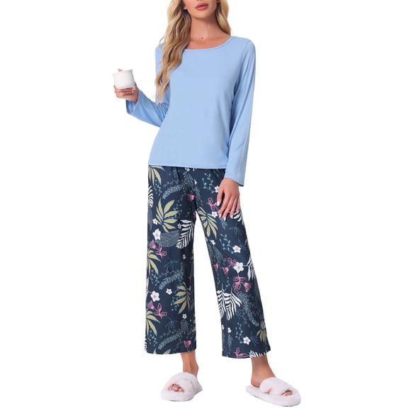 INSPIRE CHIC Conjunto de Pijama de Manga Larga para Mujer, Conjunto de Descanso Suave y Elástico con Parte Superior Sólida y Pantalones Capri Florales para el Hogar S Azul Profundo