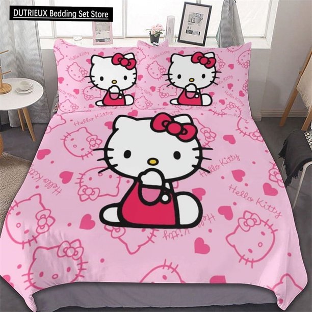 Kawaii HelloKitty Duvet Cover for Women Girls Cute Lightweight 3-Piece Duvet Cover Set Including 1 Duvet Cover and 2 Pillowcases Bed Sheets