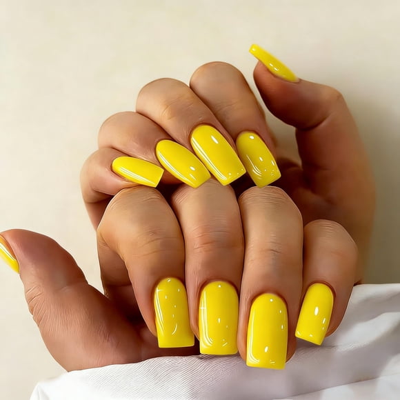 Uñas Postizas JOYVVEW Medianas Cuadradas Amarillo Set de 28 Piezas