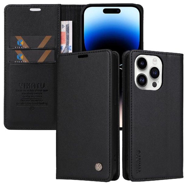 Funda Billetera de Cuero para iPhone 15 Pro con Tarjetero y Soporte - Tapa Magnética Negro