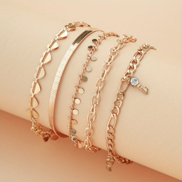 5-Piece Stackable Chain Anklet Set with Key-Shaped Tassel Pendant & Shiny Rhinestones - A Stylish Accessory!