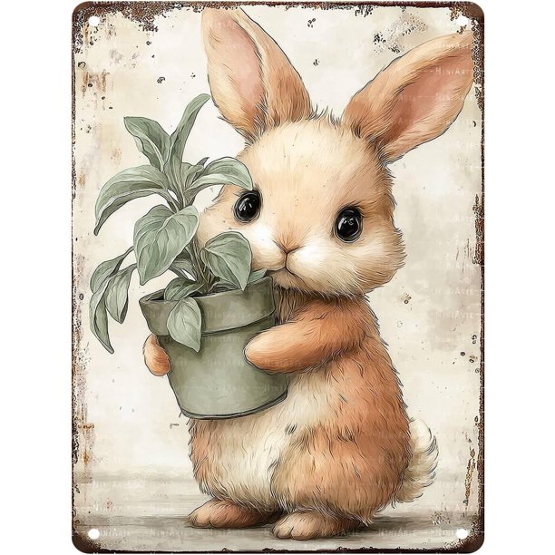 Letrero estaño conejo Pascua retro conejo vintage metal hogar jardín sala decoración pared Pascua 20x30cm