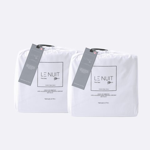 Le Nuit - 2 Set Sábanas King 300 Hilos Algodón Pima Peruano Percale Liso Blanco