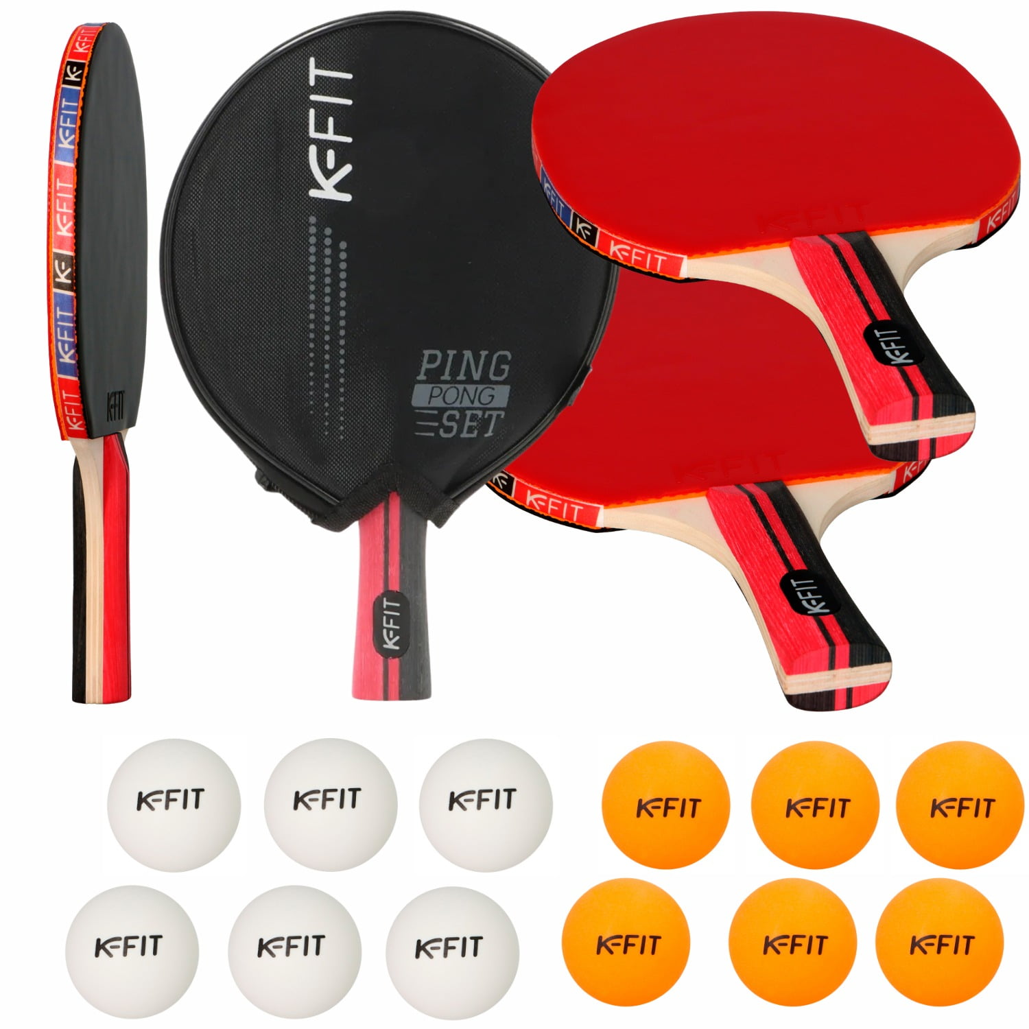 Kfit - Pack De 4 Paletas Ping Pong + 12 Pelotas Naranjas Y Blancas