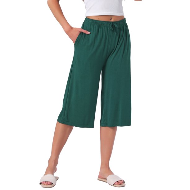 INSPIRE CHIC Pantalones Cortos de Pijama de Mujer de Cintura Alta Viscosa Cómodos Suaves a la Rodilla con Bolsillos X-grande Verde