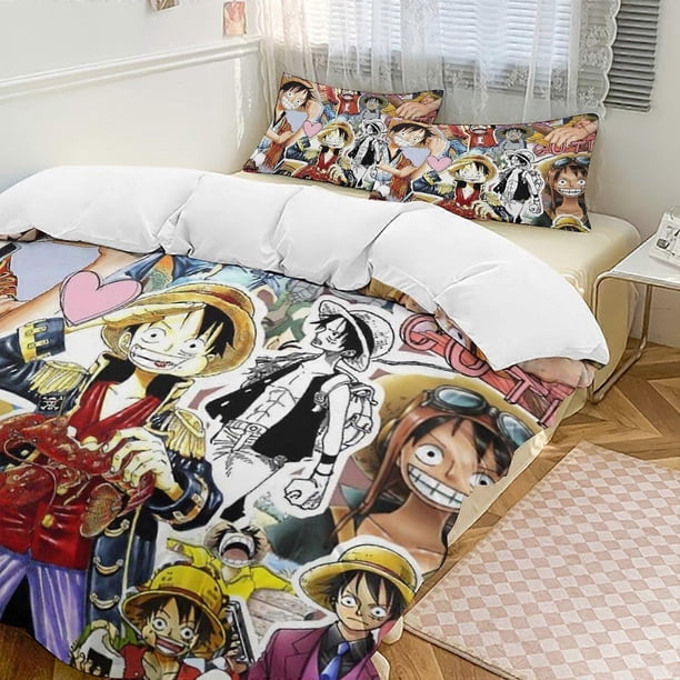 Funda nórdica de cama Monkey D Luffy, divertida ropa de cama de dibujos animados de anime, ligera, de 3 piezas, edredón, fundas