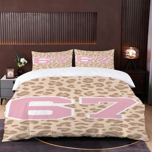 Bedding Set with Pink Number 67 on a Leopard Print Background