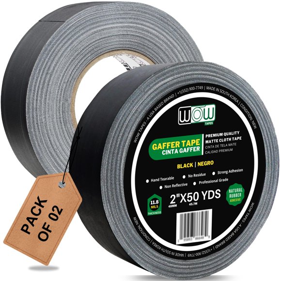 Gaffers Tape Wow, 5 cm, negra, 45 m, sin residuos, paquete de 2