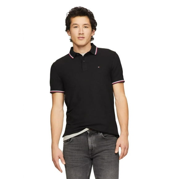 Polo Tommy Hilfiger con cuello a rayas para hombre, color negro, talla M