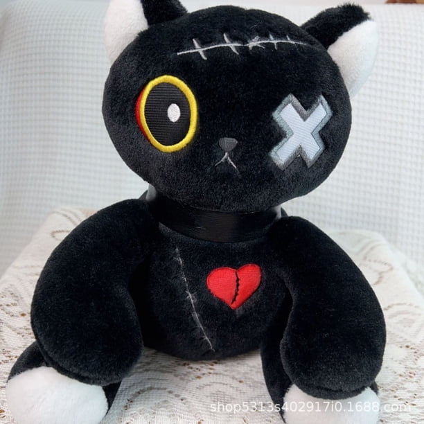 Muñeco de peluche de gato de punto gótico, juguete de peluche de gatito de retazos de estilo oscuro, figura de peluche de gato emo suave for decoración de habitación y regalos navideños