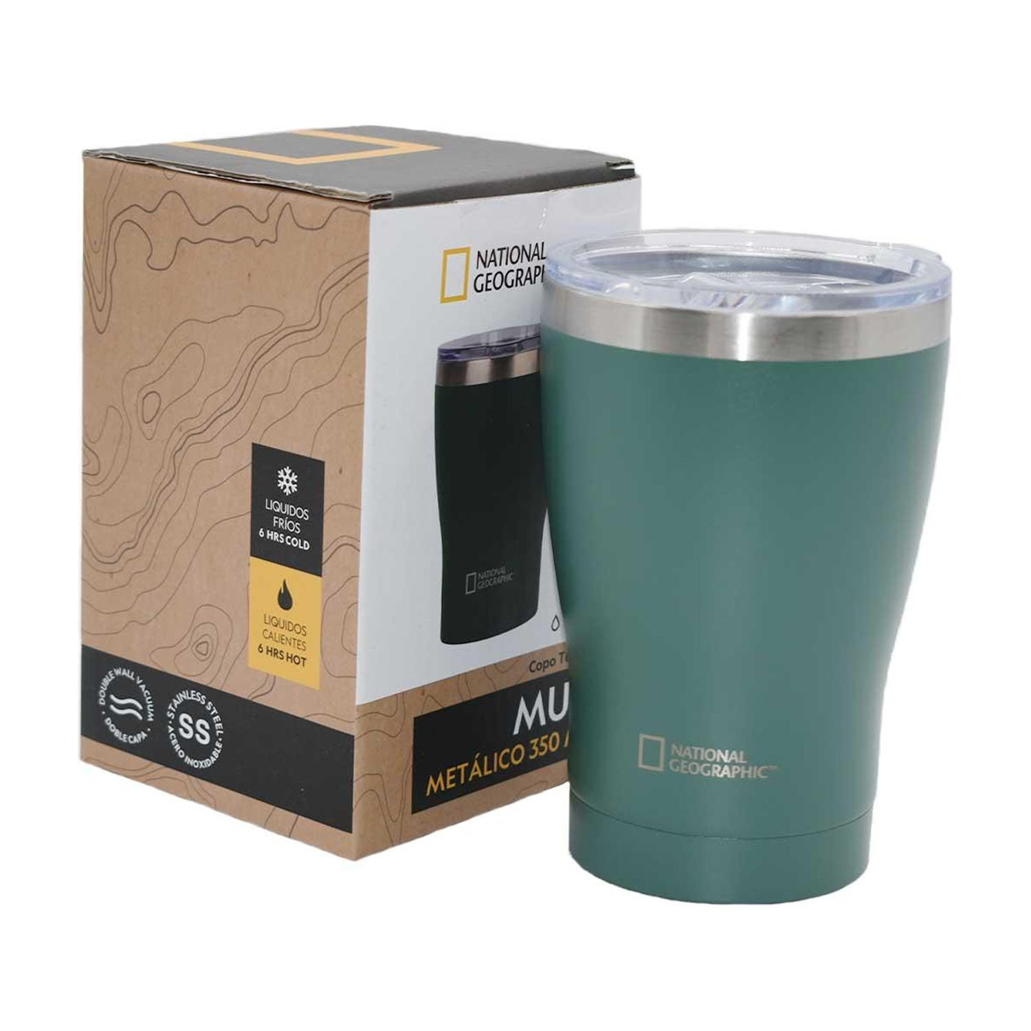 National Geographic - Mug Acero Inoxidable Tapa Transparente Rosca 350ml Verde