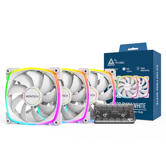 Ventilador Montech AX120 120 mm PWM 1600 RPM, paquete de 3 con hub de ventilador 6x6