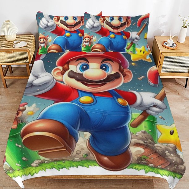Super Mario 3-Piece Comforter Set for Bedroom Super Mario Bedding Set for Kids Adults Soft Microfiber Duvet Cover Set with Zipper Closure