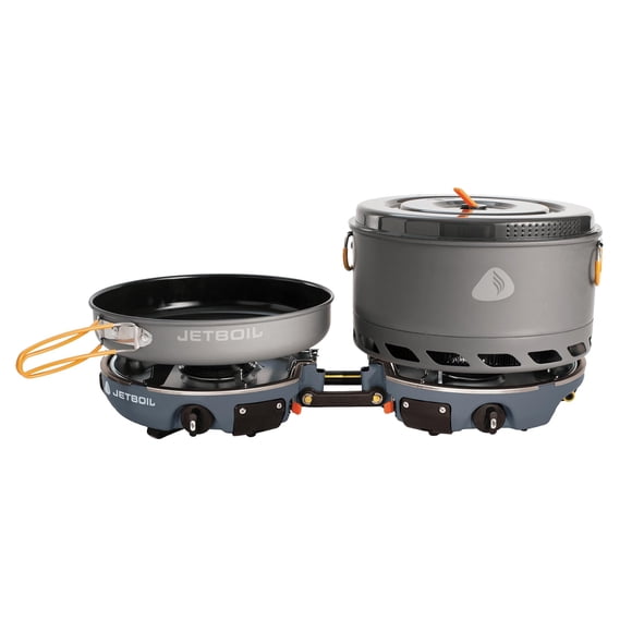 Sistema de cocina Jetboil Genesis Basecamp con utensilios de cocina de color gris