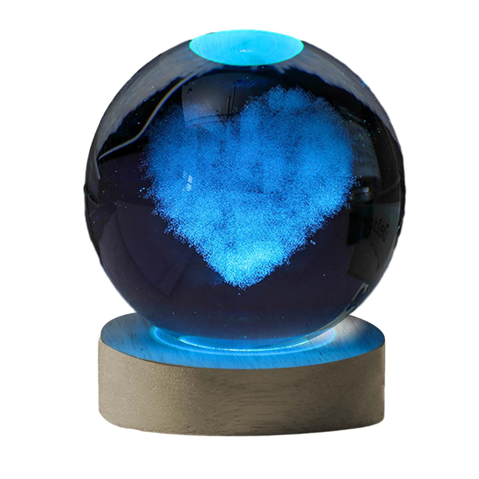 Magideal - Bola De Cristal Luz Nocturna Lámpara De Noche Con Grabado 3D Patrón De Corazón Esfera De Cristal Decoración De Regalo Con Base De Madera Led Para Niño 8Cm