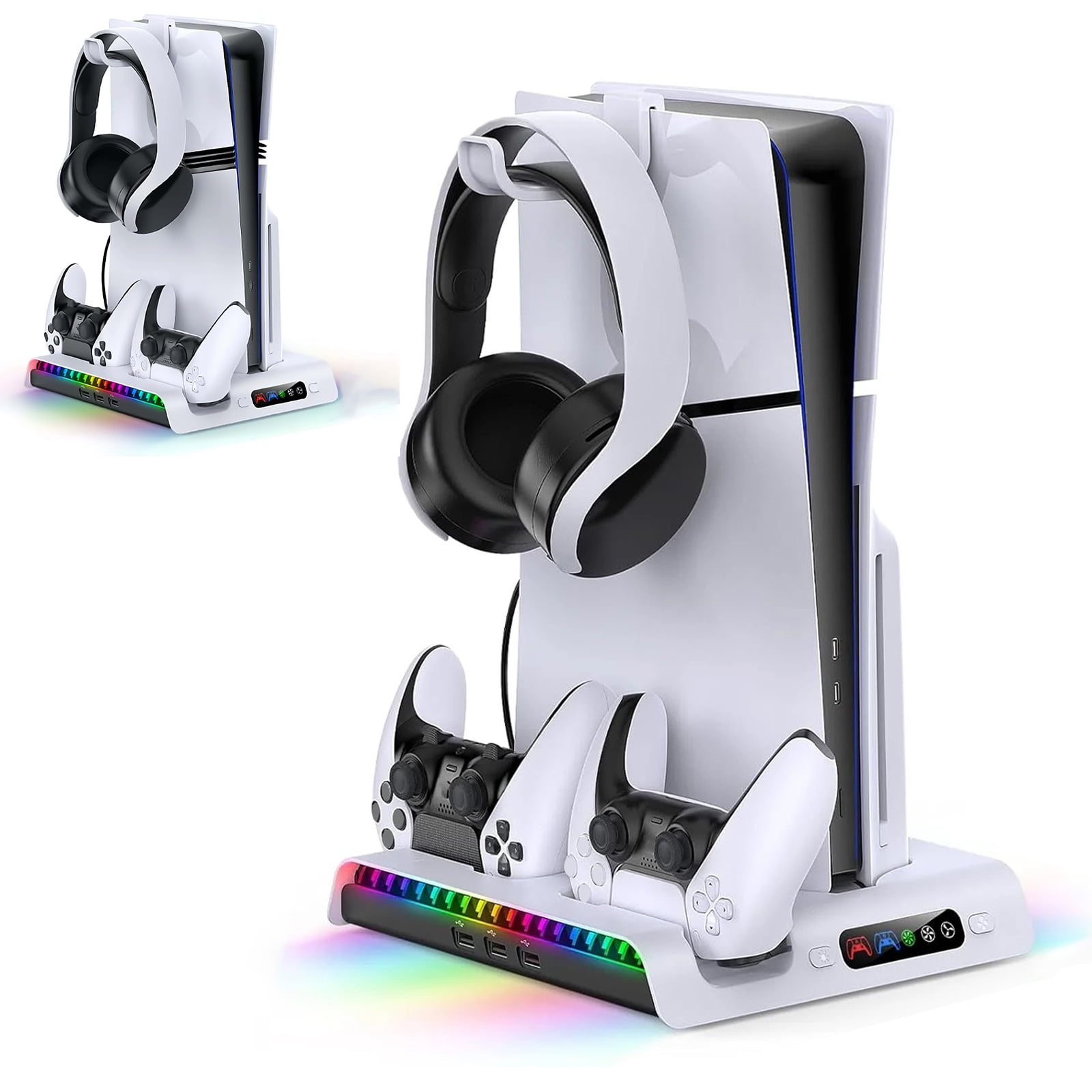 Genérico - Soporte De Carga Con Ventilador De Refrigeración Para Consola Ps5 Pro/slim, Estación De Carga Vertical Para Controladores Con 9 Luces Rgb, Gancho Para Auriculares Y Ventilador Silencioso De 3 Niveles