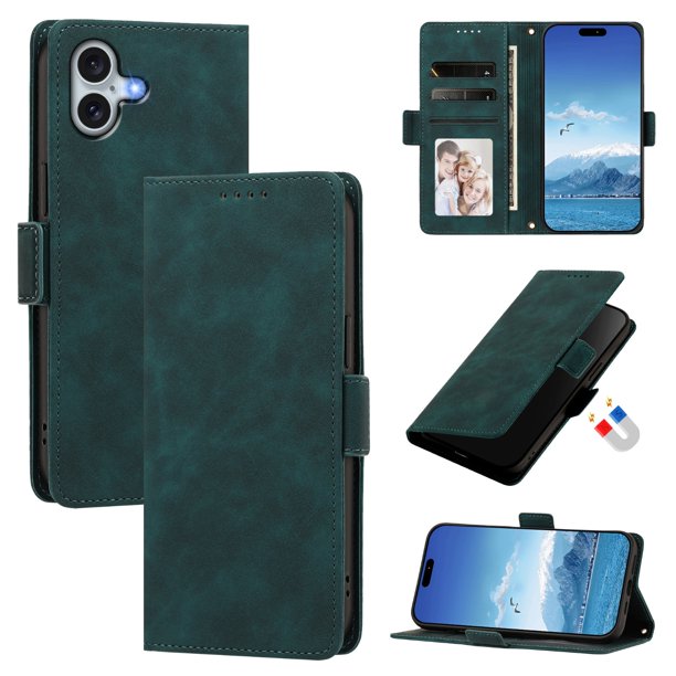 Funda Billetera Delgada para iPhone 16 Plus con Ranuras y Soporte Verde oscuro