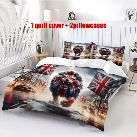 3pcs Giant Lion Roaring London Night Themed Printed Bedding Set Soft Duvet Cover and 2 Pillowcases