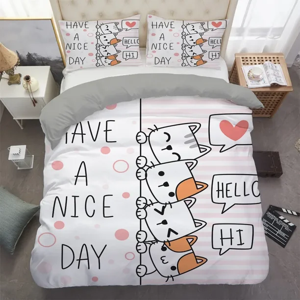x1085 Bed Sheetsed Cartoon Cat Bedding Set Pillowcase Duvet Cover Kitten Twin Full Adult Kids Bedclothes Quilt Cover 3-Piece Bedding Set (1 Duvet Cover + 2 Pillow Shams) nj1085