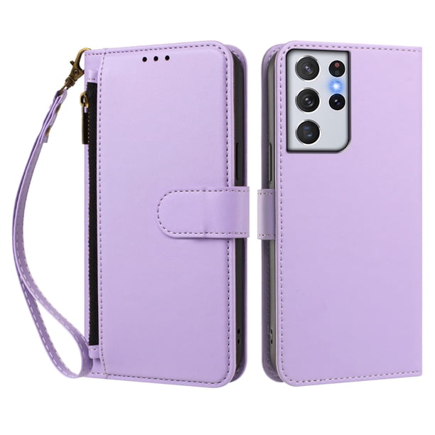 Funda Tipo Billetera para samsung galaxy S21 Ultra con Soporte y Bolsillo con Cierre Morado