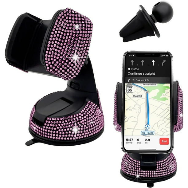 Soporte universal de cristal para teléfono de coche - Ajustable en 360 grados, seguro para el salpicadero, la rejilla de ventilación y el parabrisas - Compatible con todos los smartphones-Rosa