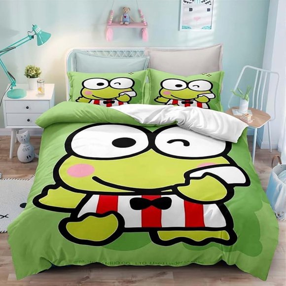 Bed- Duvet C-over A-nime -Cartoon Ker-oppi Kaw-aii Bedd-ing S-ets 3D Light-weig-ht 3 Pie-ce Comfort-er Sets