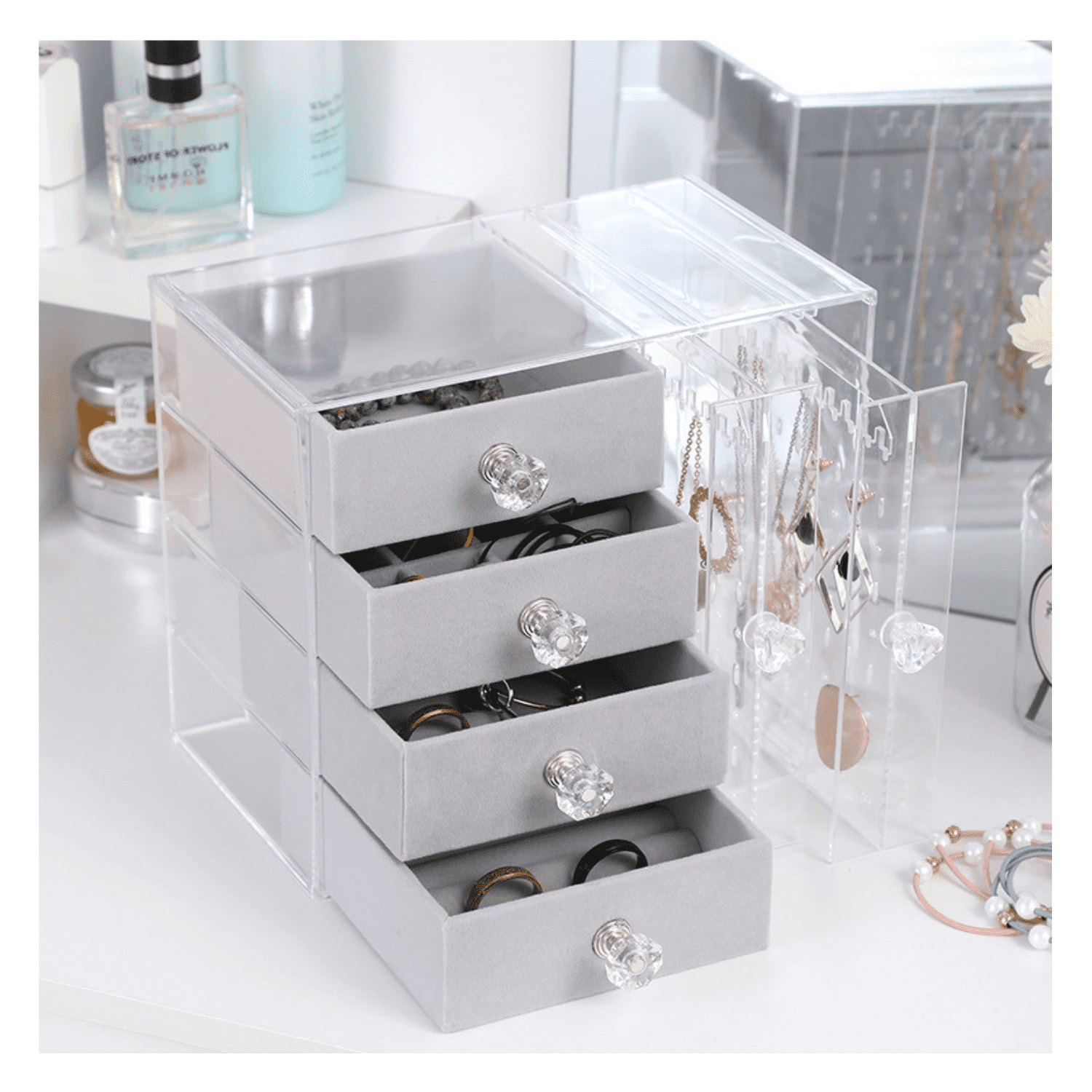 Genérico - Joyero Organizador Premium | Acrílico Transparente Y Felpa | 4 Cajones + 2 Paneles Laterales | Exhibidor De Aros, Anillos Y Collares