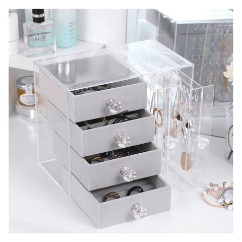 Genérico - Joyero Organizador Premium | Acrílico Transparente Y Felpa | 4 Cajones + 2 Paneles Laterales | Exhibidor De Aros, Anillos Y Collares