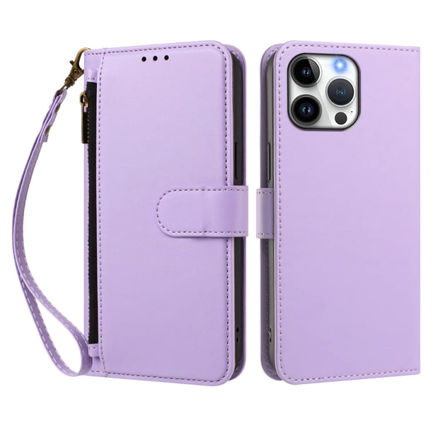 Funda Tipo Billetera para iphone16 Promax con Soporte y Bolsillo con Cierre Morado