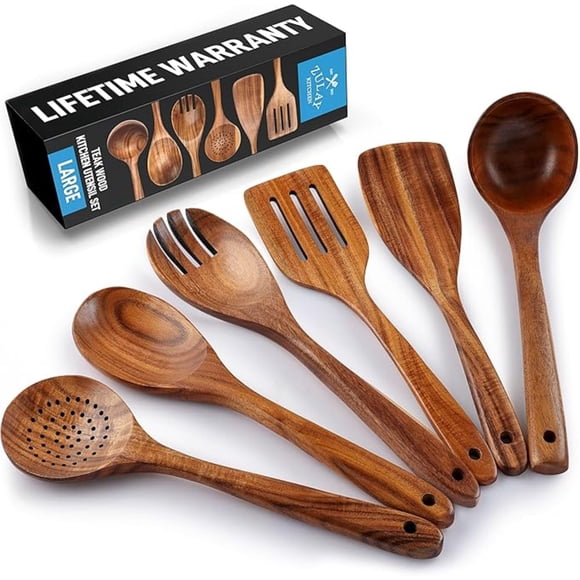 Juego de cucharas de madera Zulay Kitchen extra grandes de madera de teca, 6 piezas
