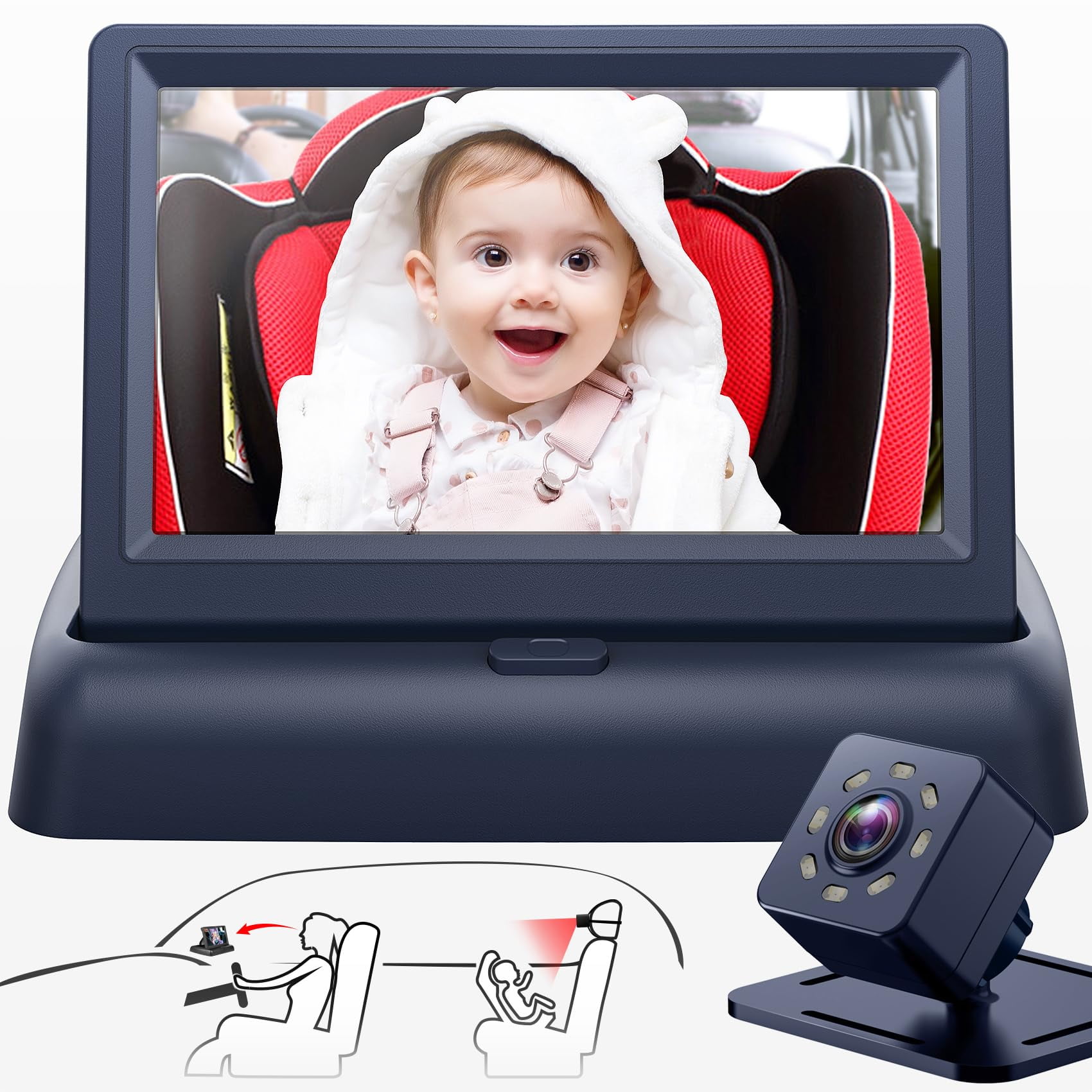 Espejo Para Auto Para Bebé Shynerk Con Pantalla Hd De 4.3'' Y Visión Nocturna
