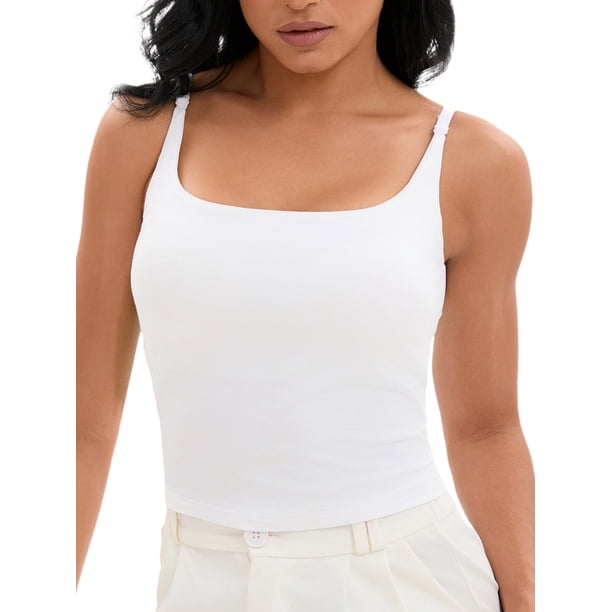 INSPIRE CHIC Camiseta de Tirantes Ajustables con Sujetador Incorporado para Mujer, Cuello Cuadrado, Camisola Blanca M
