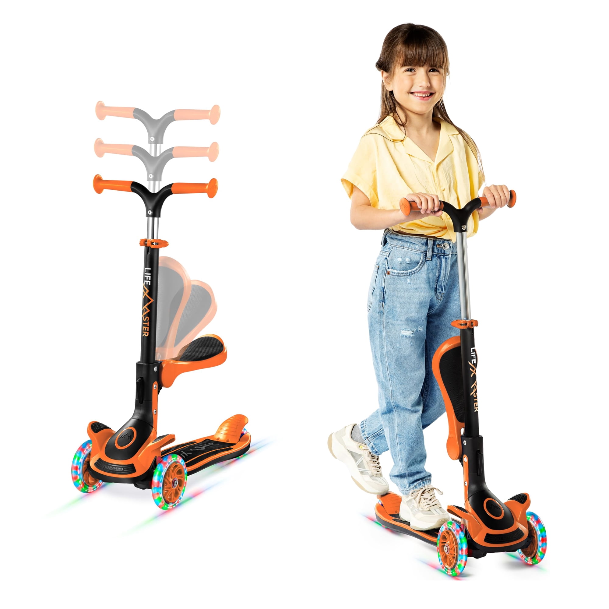 Patinete Lifemaster De 3 Ruedas Con Asiento Plegable Para Niños, Color Naranja