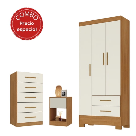 Clóset Com351Co 3 Puertas 2 Cajones + Cómoda 5 Cajones + Velador 1 Cajón Canela - Off White