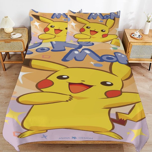Pi-ka-chu Bed Duvet Cover Microfiber Bedding Sets 3D Printed Lightweight 3 Piece Comforter Sets for Kids Boys Girls
