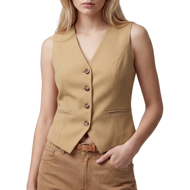 INSPIRE CHIC Chaleco de Traje con Forro para Mujer Blazer Cuello en V Sin Mangas Ajustado Ligero Botones Bajo Puntiagudo Corto X Pequeño Caqui