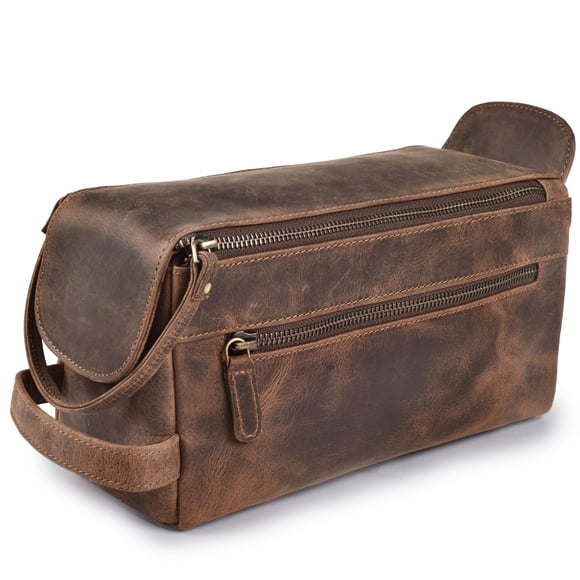 Bolsa de aseo de cuero y cierre, 25 cm, color nogal