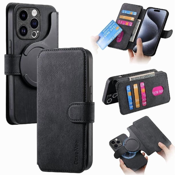 Funda Billetera Magnética para iPhone 15 Pro Soporte Tarjetas Desmontable Negro