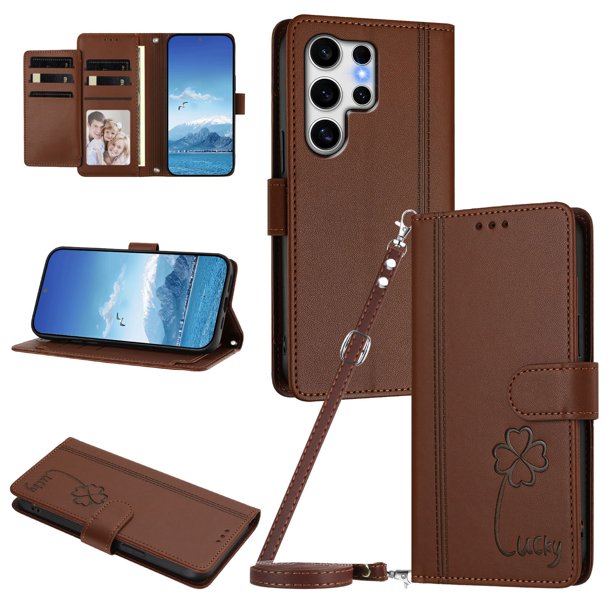 Funda Cartera Trébol para Samsung Galaxy S25 Ultra con Ranuras Tarjetas y Carga Inalámbrica Marrón