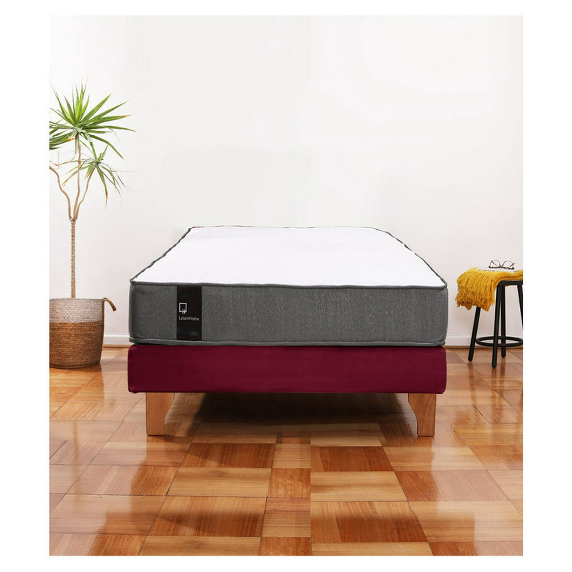 Latam Home - Cama Europea Zen Best 1.5 Plaza Colchon Resortes Base Dividida Tela Burdeo