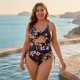 thumbnail image 2 of Agnes Orinda Traje de baño de una pieza con estampado de tirantes cruzados para control de abdomen para mujer de talla grande, talla 2X, floral marrón amarillo, 2 of 8