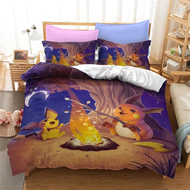 Anime Children's Bedding Cover 3D Pikachu Cartoon Bedding Set Summer Duvet Cover with Zippe and Pillowcase Bed Sheets