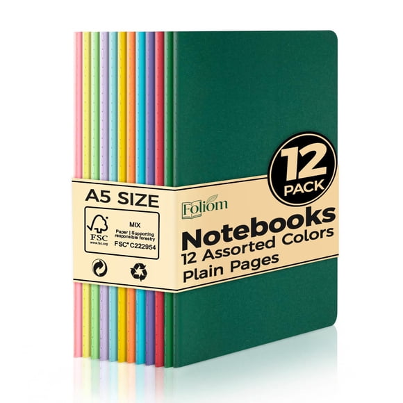 Cuadernos Foliom A5 Pack de 12, Juego de Cuadernos en Blanco y Coloridos