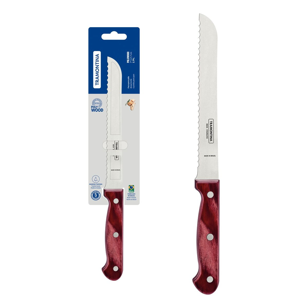 Cuchillo Para Pan Tramontina Polywood Con Lámina De Acero Inoxidable Y Mango De Madera Tratada Rojo 7