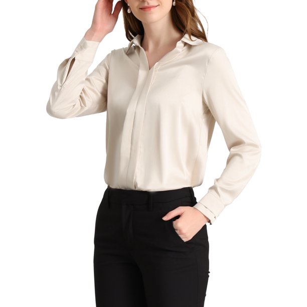INSPIRE CHIC Camisas Elegantes para Mujer Cuello de Punta Manga Larga Blusa de Satén Suave Conjunto de Regreso a Clases para Maestras Albaricoque XS