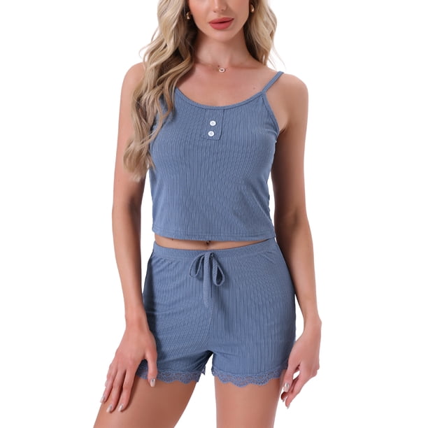 INSPIRE CHIC Conjunto de Pijama de Punto Acanalado para Mujer con Ribete de Encaje Suave Camiseta sin Mangas y Pantalones Cortos Conjunto de Salón con Tirantes Ajustables para Verano XL Azul