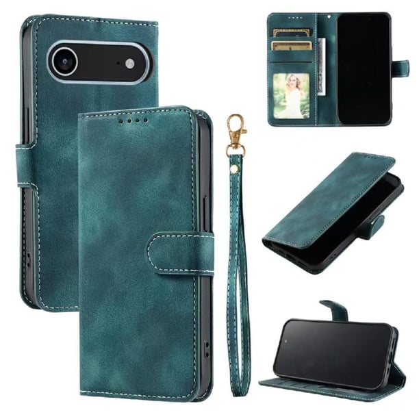 Funda Cartera para iPhone 17 Air Tapa con Ranuras, Soporte y Correa Verde